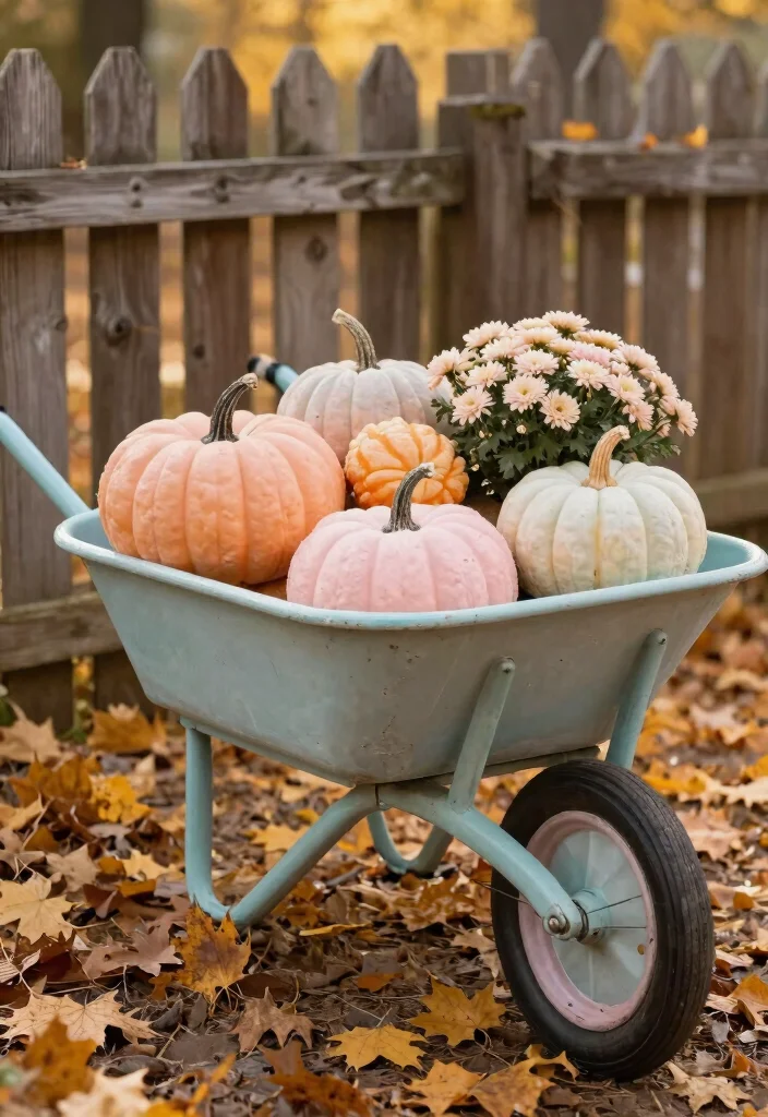 15 Cozy Fall Wheelbarrow Ideas with Pumpkins and Mums 3. Vintage Charm with Distressed Paint 0