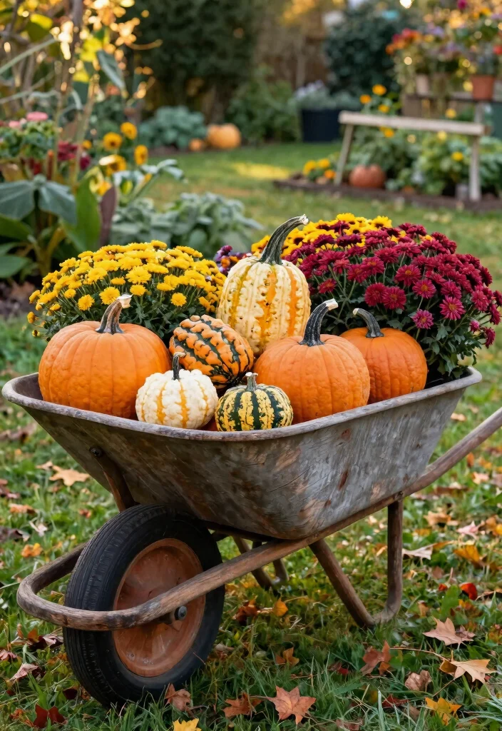 15 Cozy Fall Wheelbarrow Ideas with Pumpkins and Mums 4. Rustic Wheelbarrow of Harvest Bounty 0