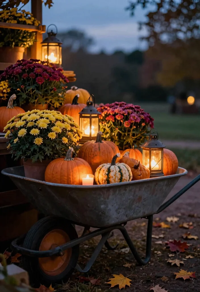 15 Cozy Fall Wheelbarrow Ideas with Pumpkins and Mums 5. Cozy Nighttime Display 0