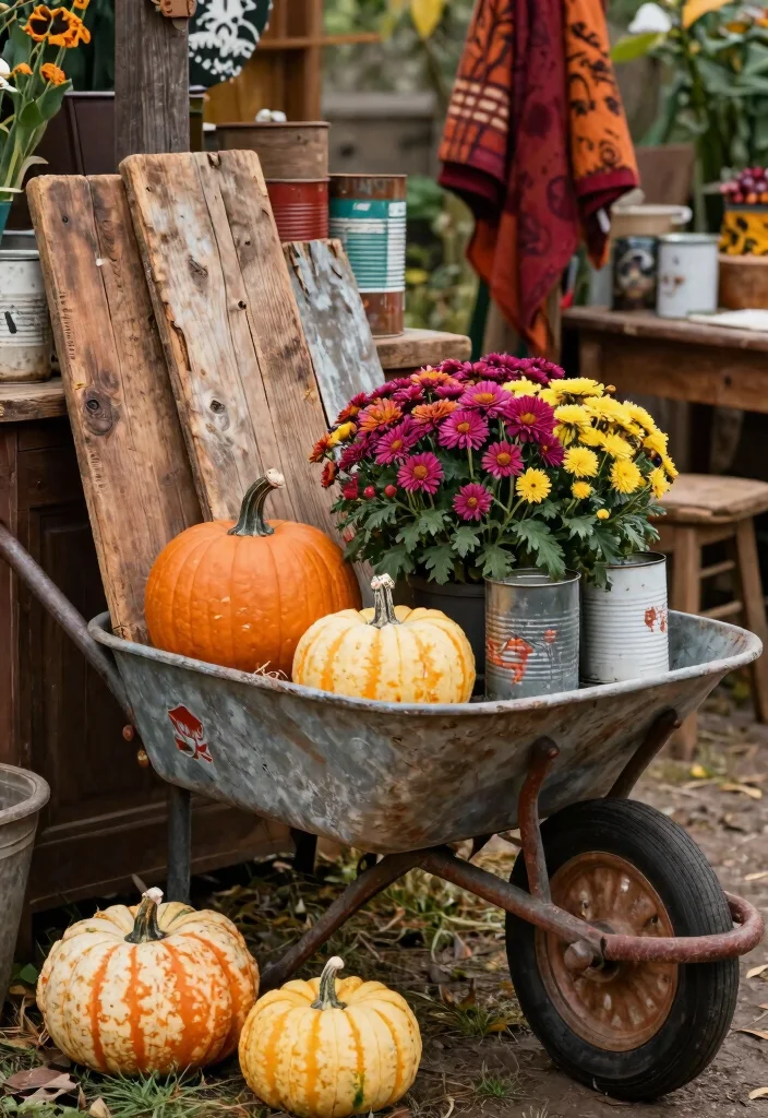 15 Cozy Fall Wheelbarrow Ideas with Pumpkins and Mums 6. Creative Use of Upcycled Materials 0