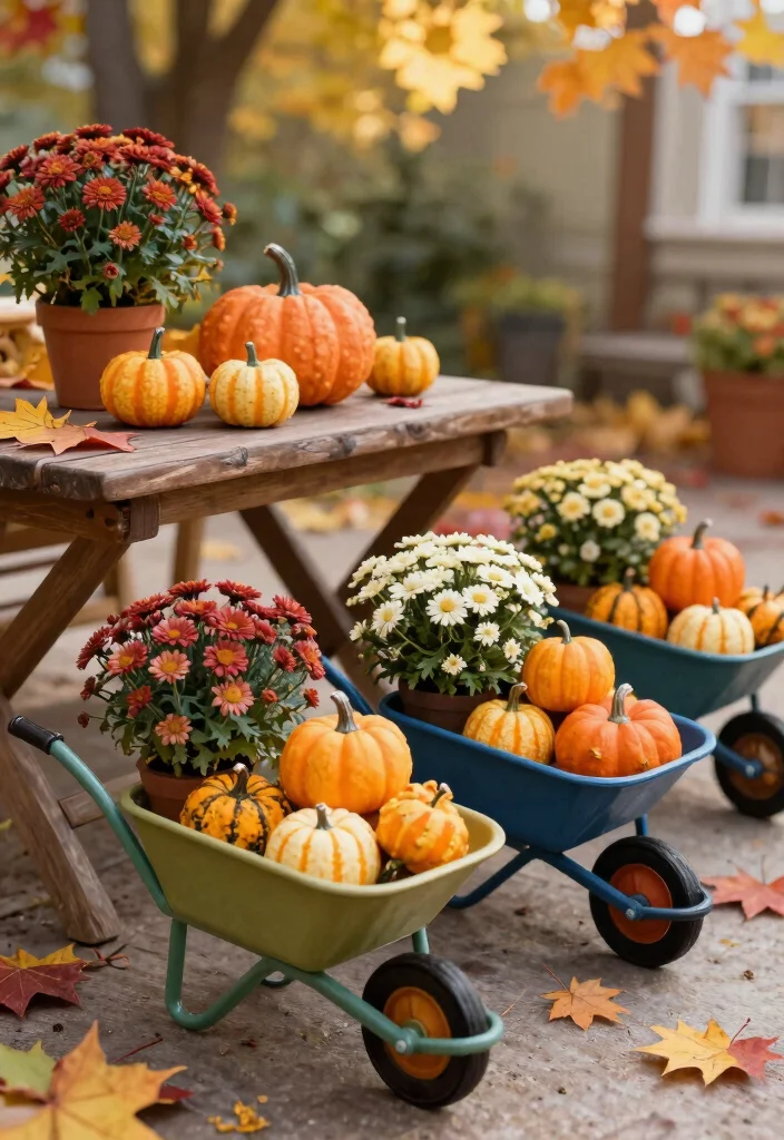 15 Cozy Fall Wheelbarrow Ideas with Pumpkins and Mums 7. Miniature Wheelbarrows for Small Spaces 0
