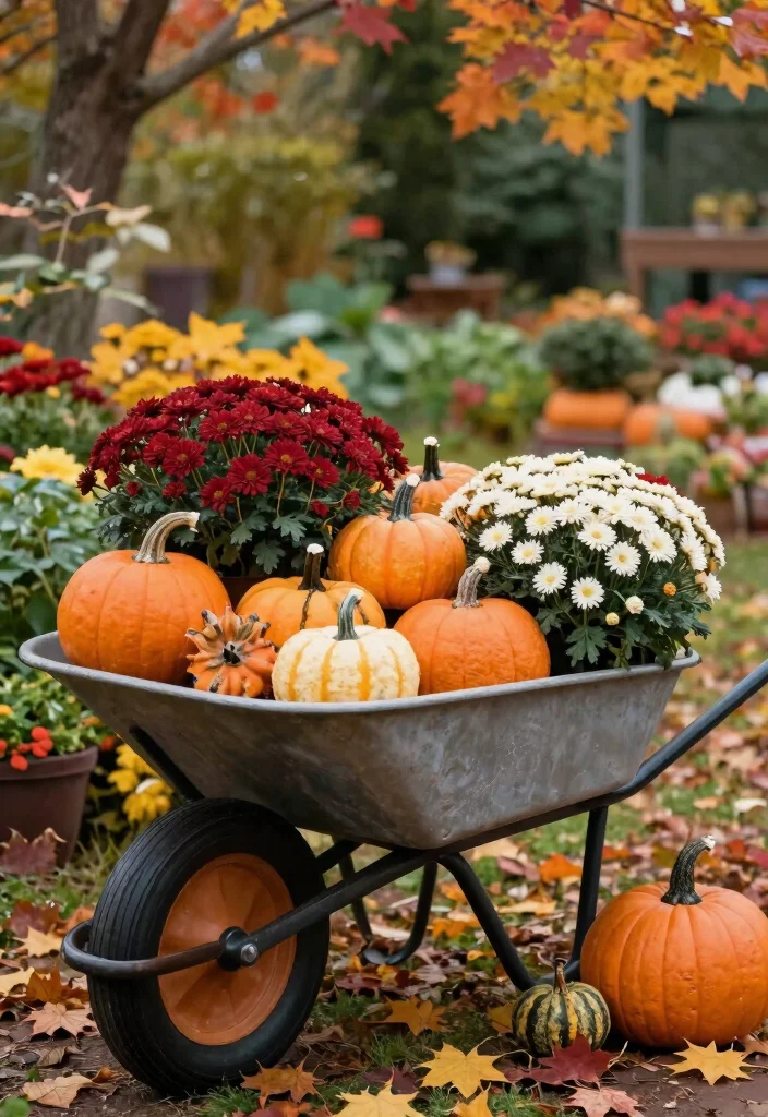 15 Cozy Fall Wheelbarrow Ideas with Pumpkins and Mums 8. Seasonal Color Palette 0