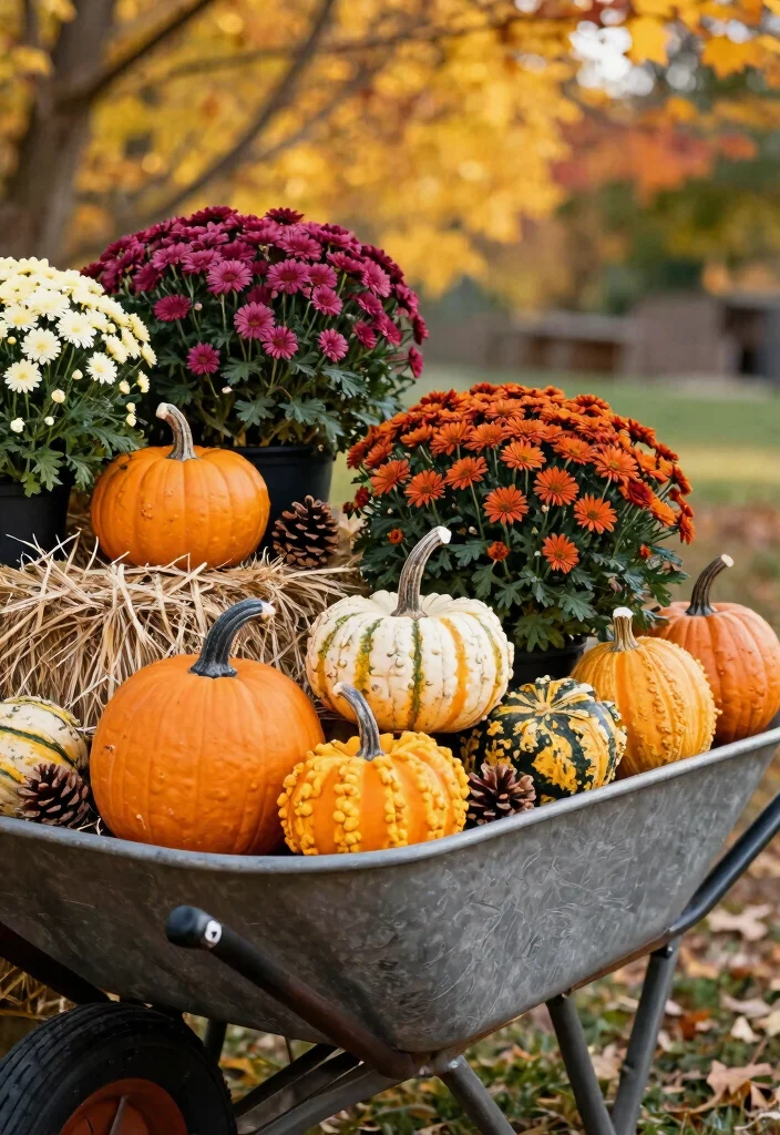 15 Cozy Fall Wheelbarrow Ideas with Pumpkins and Mums 9. Layered Textures for Visual Interest 0
