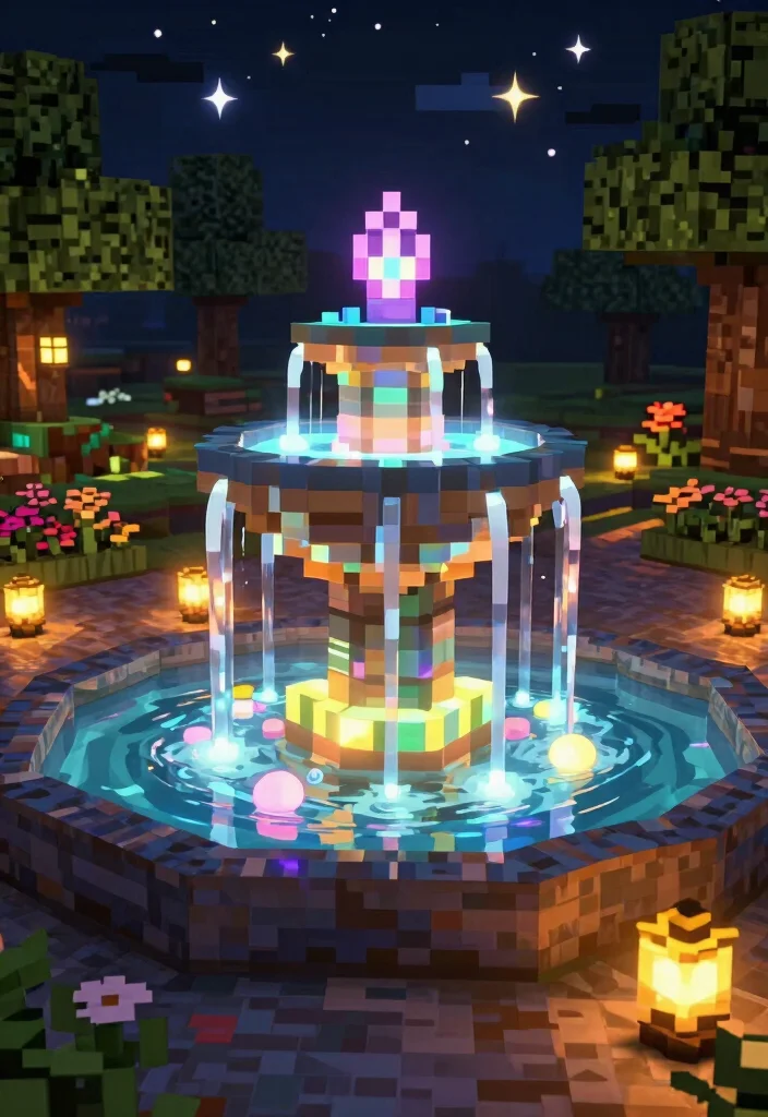 15 Creative Water Fountain Minecraft Ideas for Your City 10. The Nighttime Glow Fountain 0