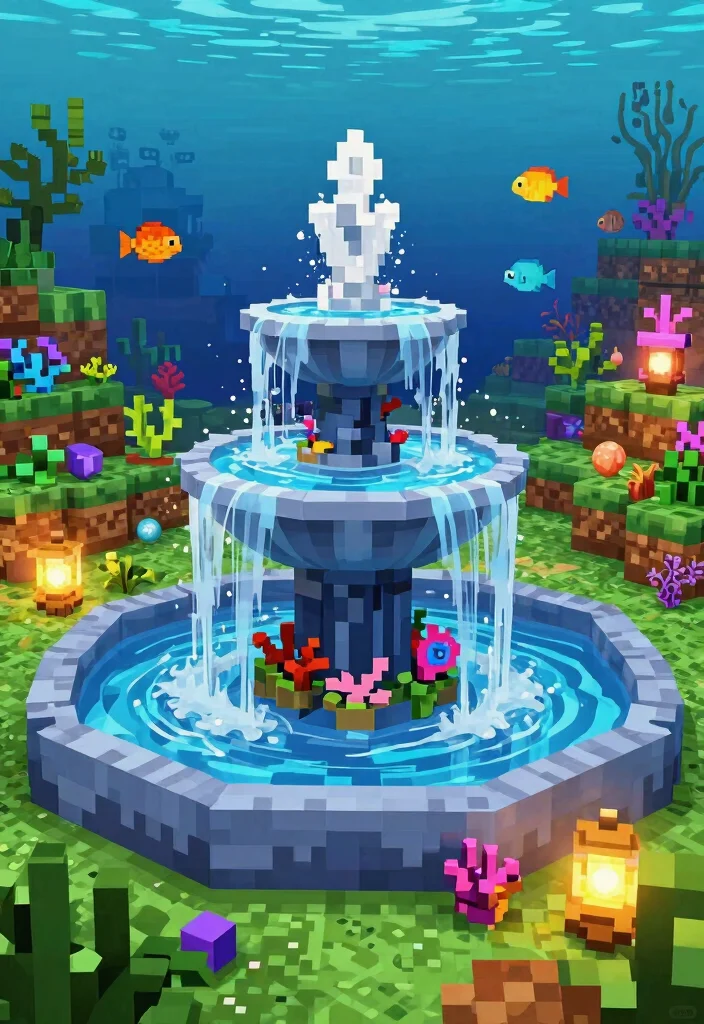 15 Creative Water Fountain Minecraft Ideas for Your City 12. The Aquatic Themed Fountain 0