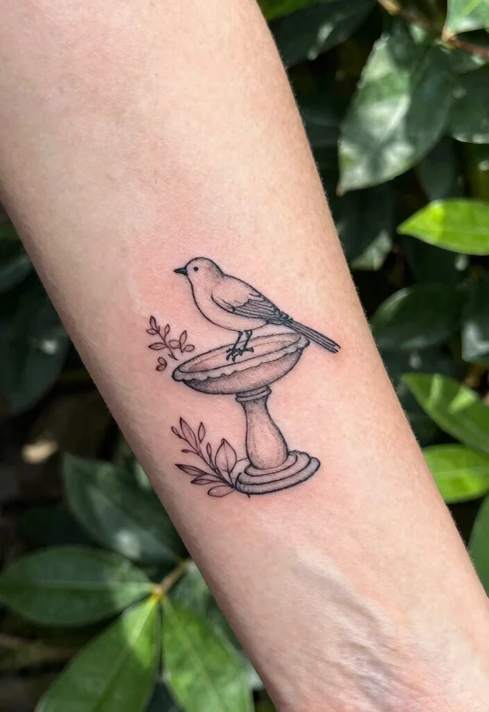 15 Delicate Bird Bath Tattoo Ideas for Nature Lovers 1. Minimalist Bird Bath with a Single Bird 0