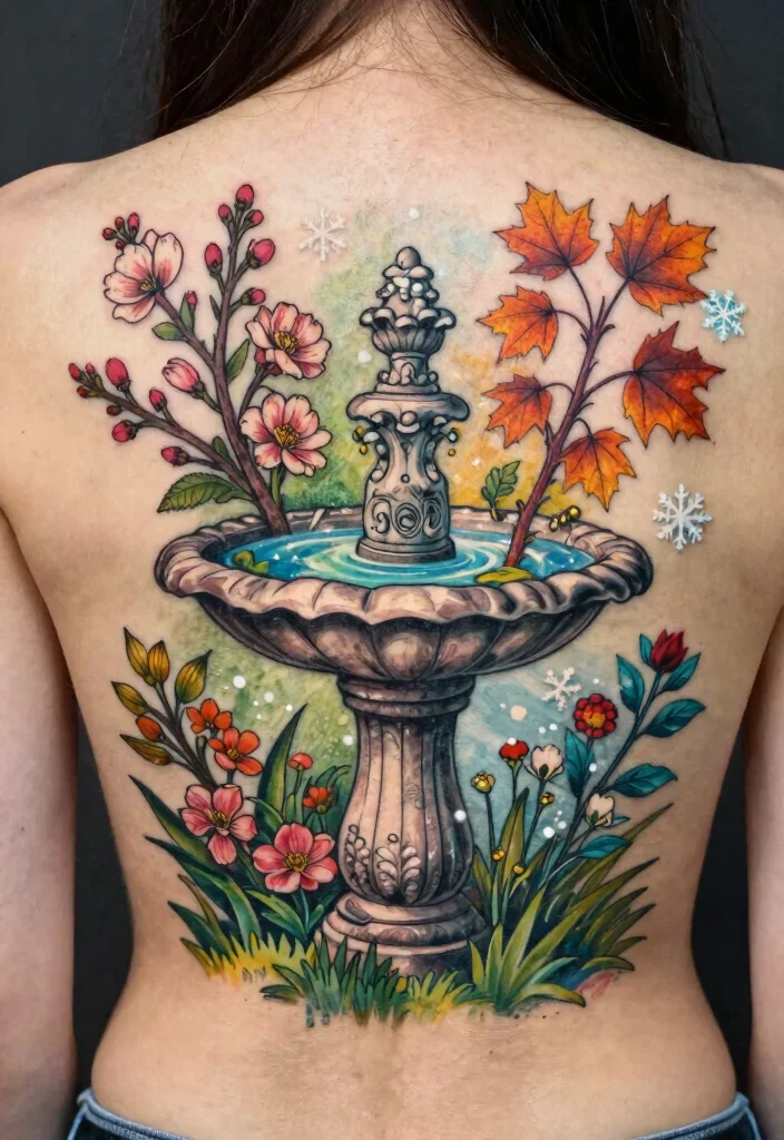 15 Delicate Bird Bath Tattoo Ideas for Nature Lovers 10. Seasonal Bird Bath Designs 0