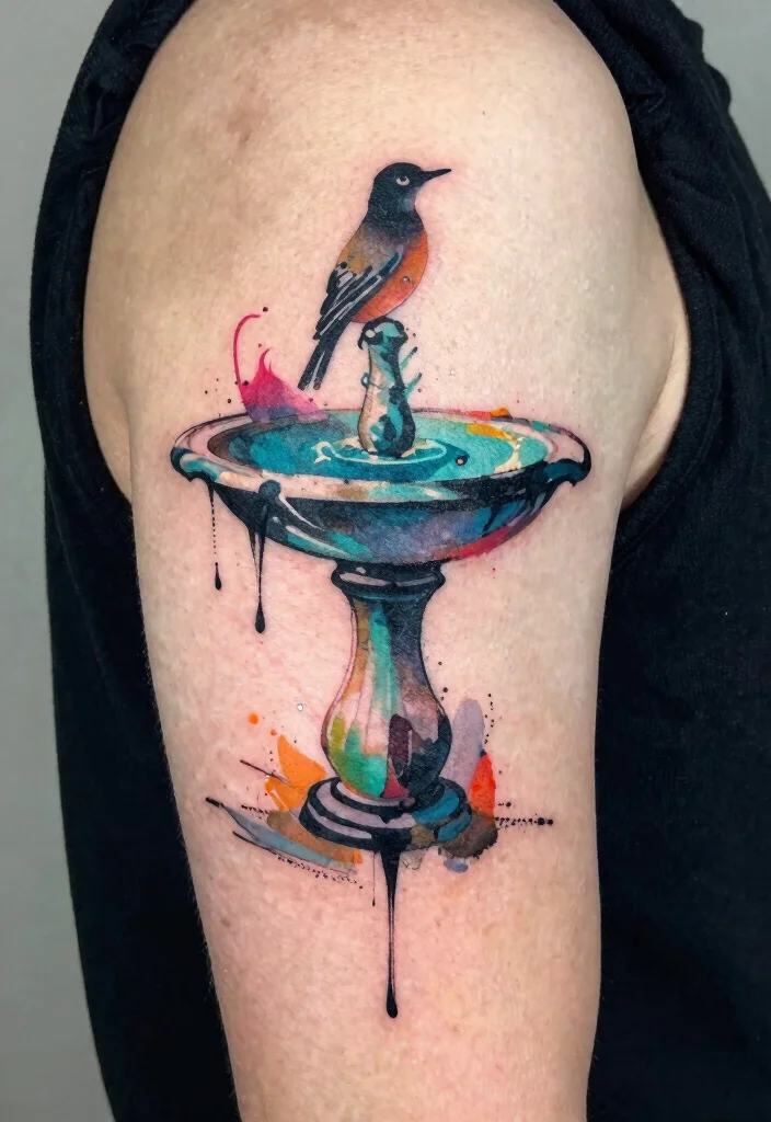 15 Delicate Bird Bath Tattoo Ideas for Nature Lovers 11. Abstract Bird Bath Design 0