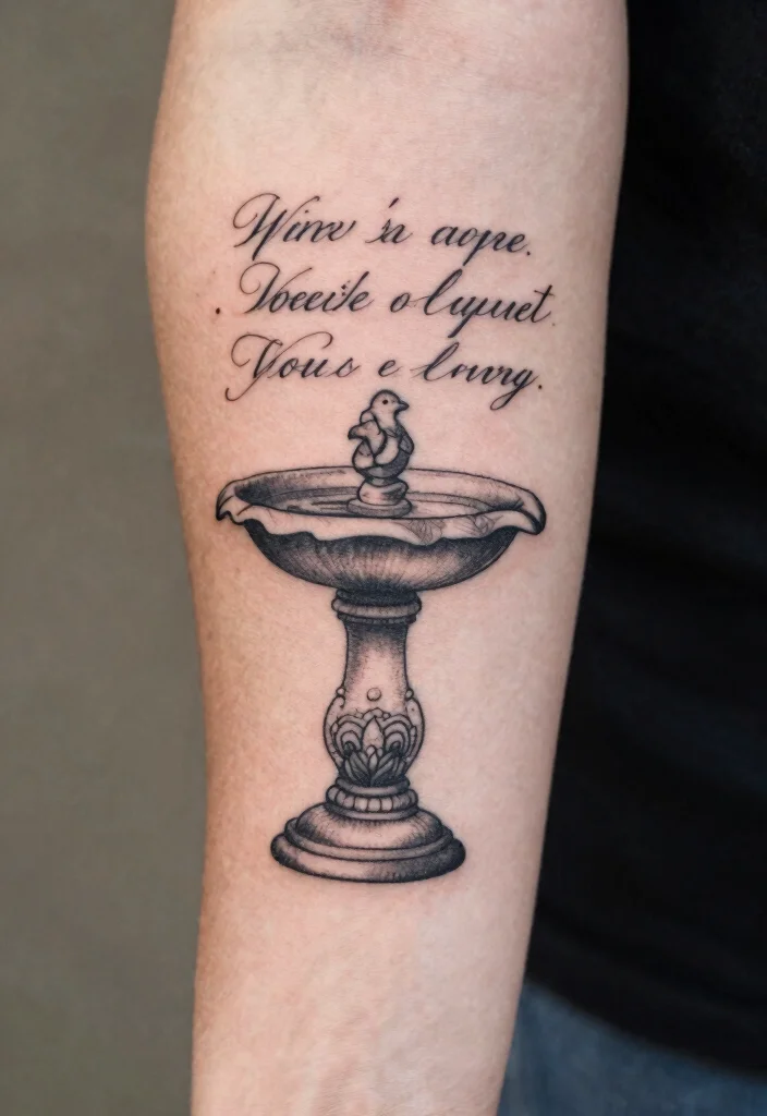 15 Delicate Bird Bath Tattoo Ideas for Nature Lovers 12. Bird Bath with Quotes 0