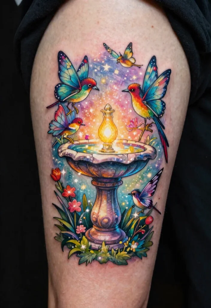 15 Delicate Bird Bath Tattoo Ideas for Nature Lovers 13. Magical Bird Bath Scene 0