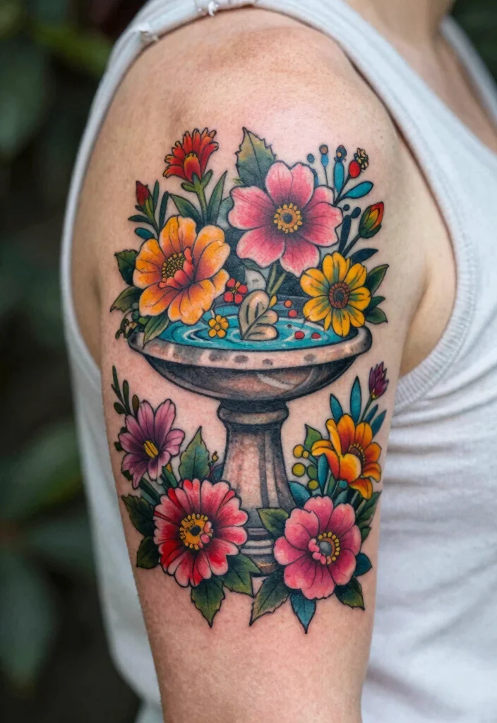 15 Delicate Bird Bath Tattoo Ideas for Nature Lovers 2. Floral Bird Bath Scene 0