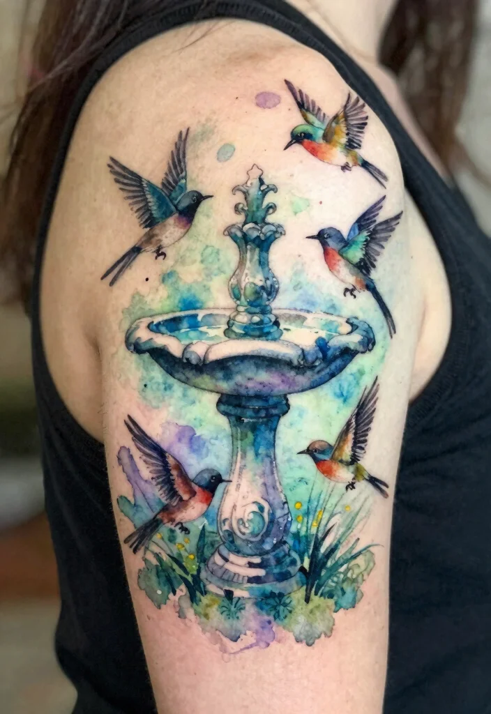 15 Delicate Bird Bath Tattoo Ideas for Nature Lovers 3. Watercolor Bird Bath Tattoo 0