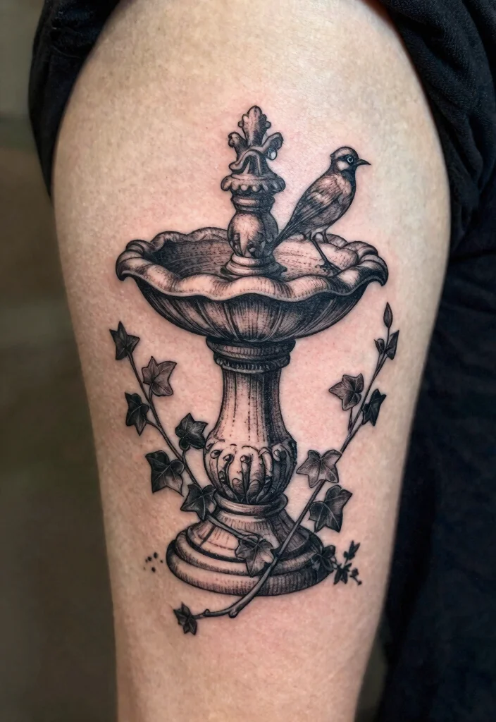 15 Delicate Bird Bath Tattoo Ideas for Nature Lovers 5. Vintage Bird Bath with Ivy 0