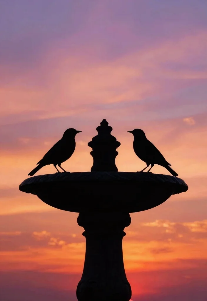 15 Delicate Bird Bath Tattoo Ideas for Nature Lovers 6. Silhouette Bird Bath Scene 0