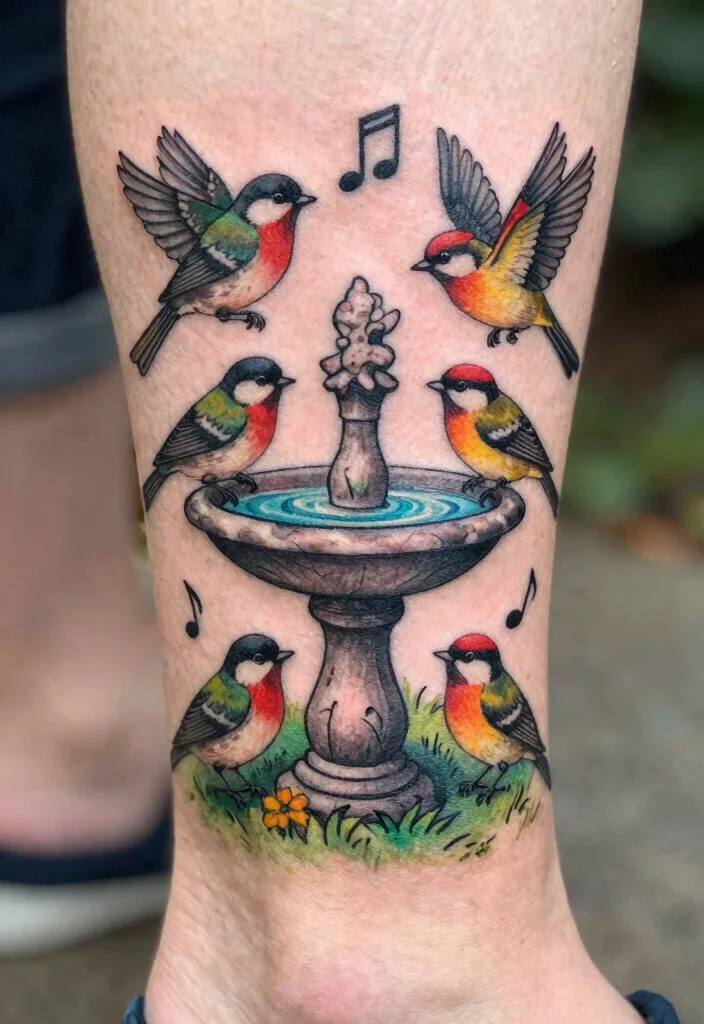 15 Delicate Bird Bath Tattoo Ideas for Nature Lovers 7. Chirping Birds Around the Bath 0