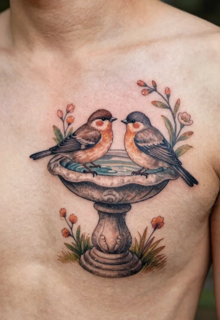 15 Delicate Bird Bath Tattoo Ideas for Nature Lovers 8. Nested Birds in a Bird Bath 0