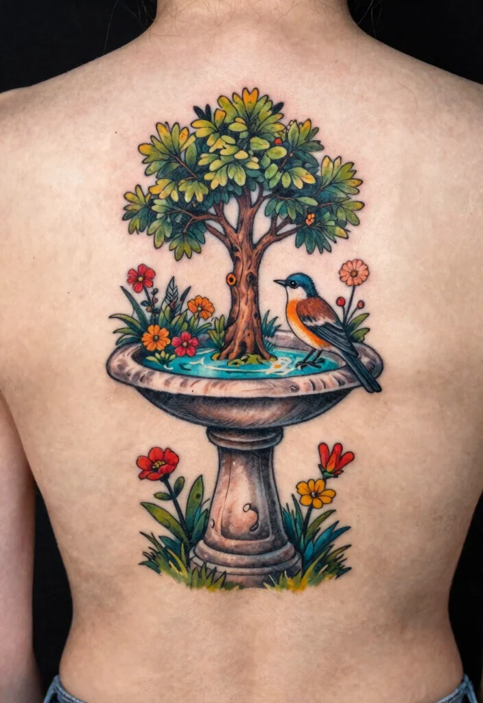 15 Delicate Bird Bath Tattoo Ideas for Nature Lovers 9. Bird Bath with Nature Scenes 0