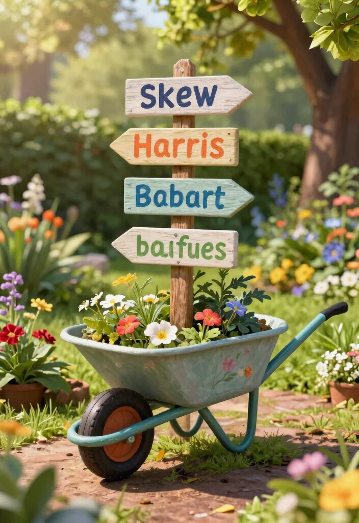 15 Genius Repurposed Wheelbarrow Ideas You Have to See 10. Playful Garden Sign 0