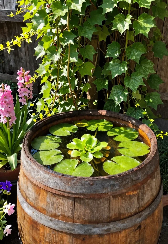 15 Small Water Features in the Garden DIY Fountain Ideas 3. Rustic Wooden Barrel Water Feature 0