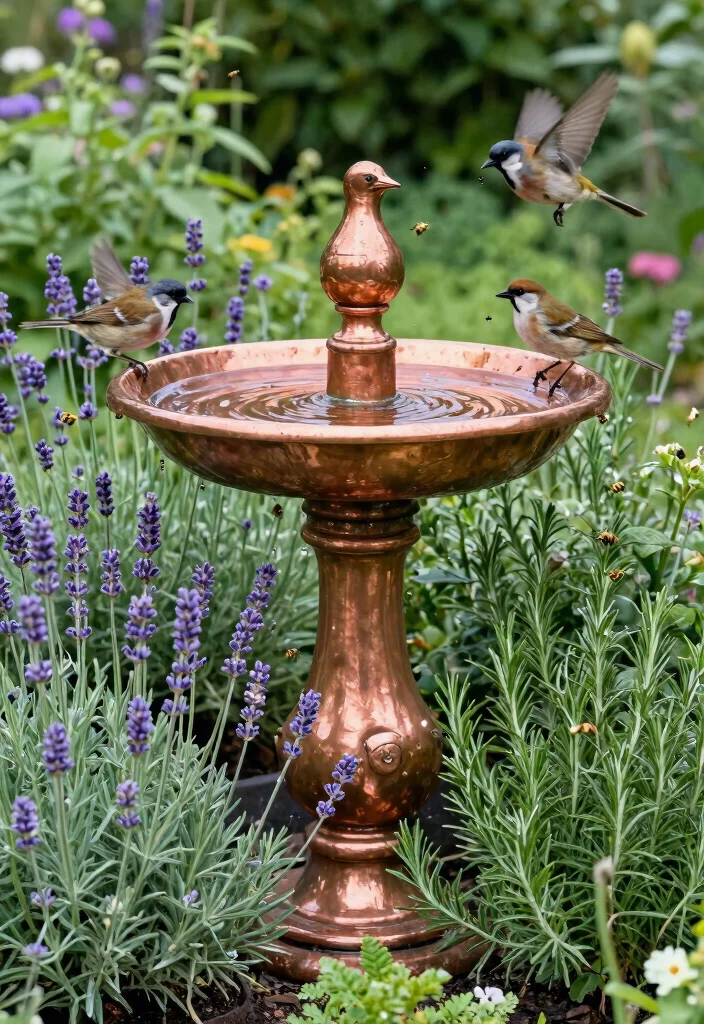 15 Vibrant Bird Bath Flower Garden Ideas So Colorful 10. Rustic Copper Bird Bath with Herbs 0