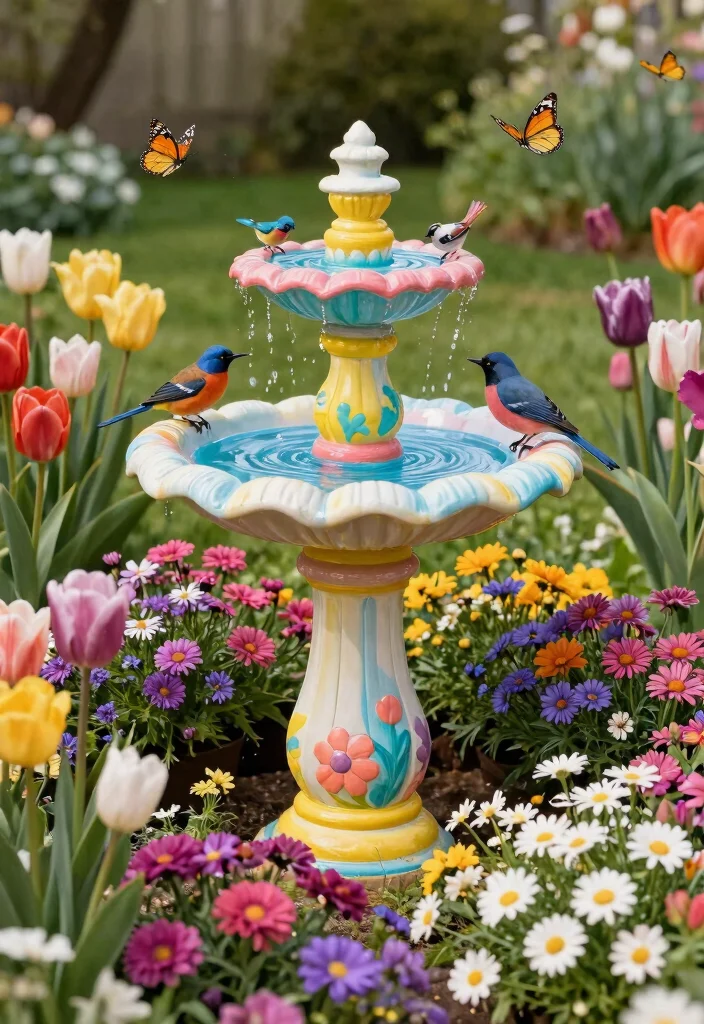 15 Vibrant Bird Bath Flower Garden Ideas So Colorful 11. Brightly Painted Bird Bath with Seasonal Flowers 0