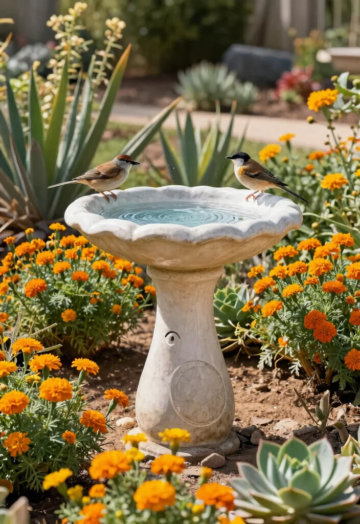 15 Vibrant Bird Bath Flower Garden Ideas So Colorful 13. Artistic Bird Bath with Drought Resistant Flowers 0