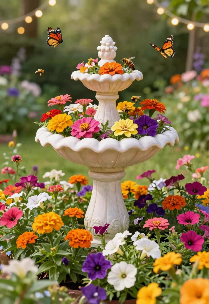 15 Vibrant Bird Bath Flower Garden Ideas So Colorful 2. Whimsical Bird Bath with Colorful Annuals 0