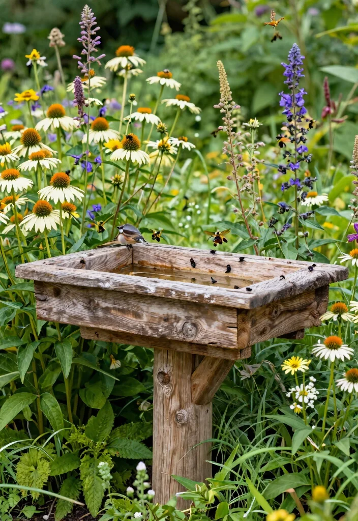 15 Vibrant Bird Bath Flower Garden Ideas So Colorful 3. Rustic Wooden Bird Bath with Native Flowers 0