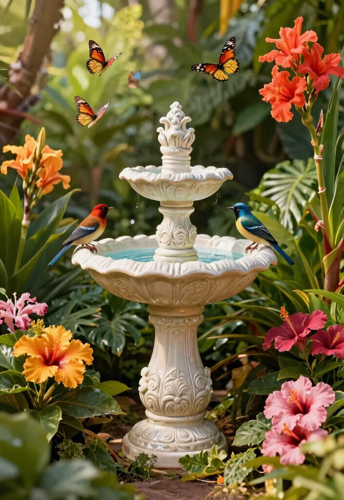 15 Vibrant Bird Bath Flower Garden Ideas So Colorful 4. Elegant Ceramic Bird Bath with Tropical Blooms 0