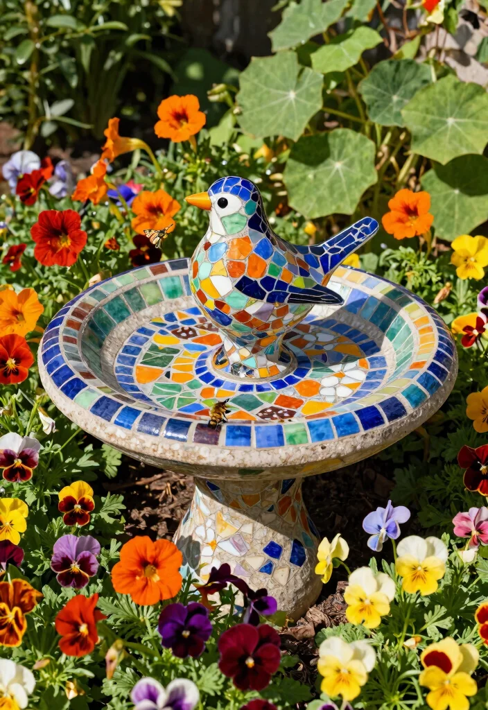 15 Vibrant Bird Bath Flower Garden Ideas So Colorful 5. Colorful Mosaic Bird Bath with Edible Flowers 0