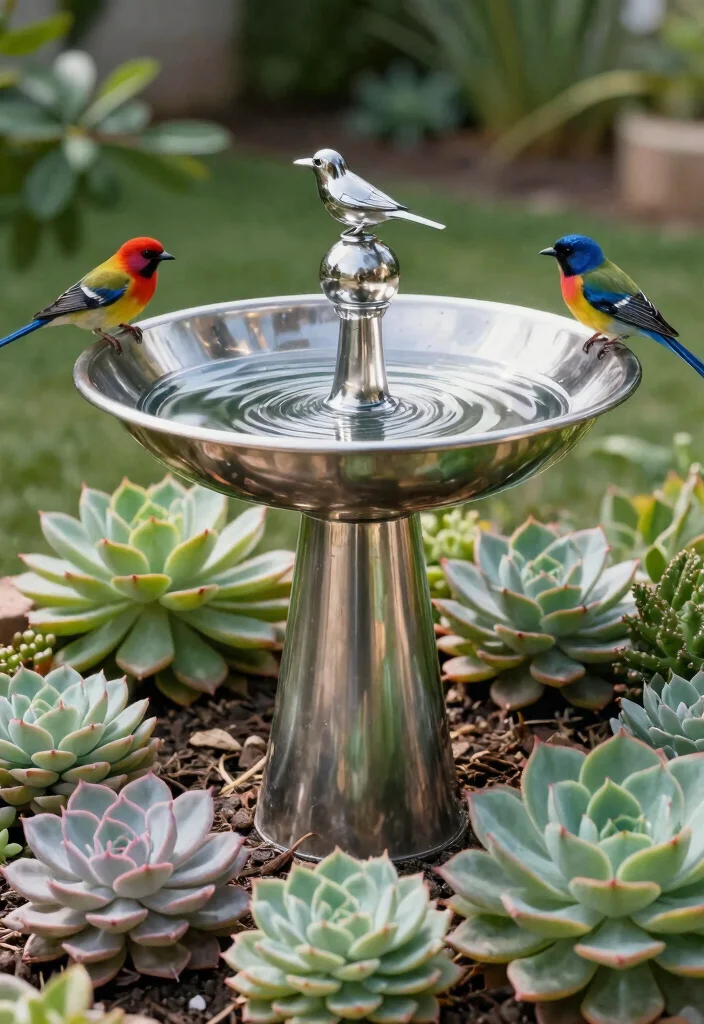 15 Vibrant Bird Bath Flower Garden Ideas So Colorful 6. Modern Metal Bird Bath with Succulents 0