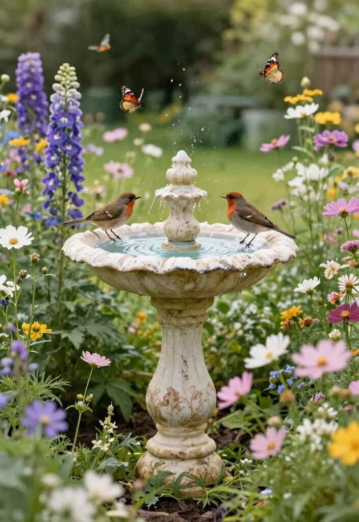 15 Vibrant Bird Bath Flower Garden Ideas So Colorful 7. Charming Vintage Bird Bath with Cottage Garden Flowers 0