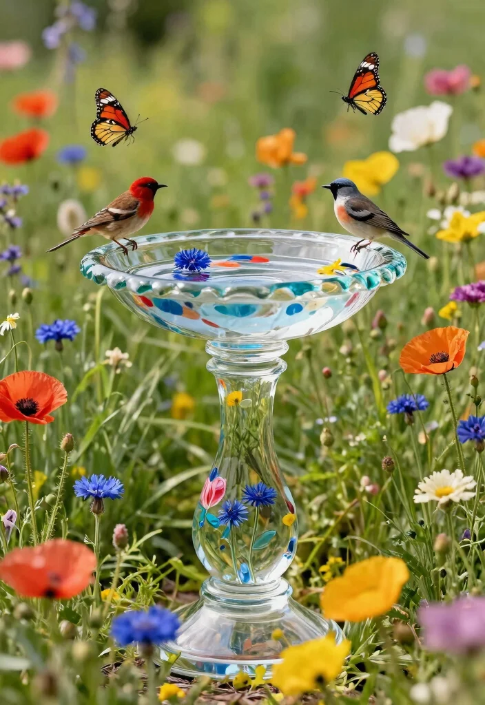 15 Vibrant Bird Bath Flower Garden Ideas So Colorful 8. Unique Glass Bird Bath with Wildflower Garden 0