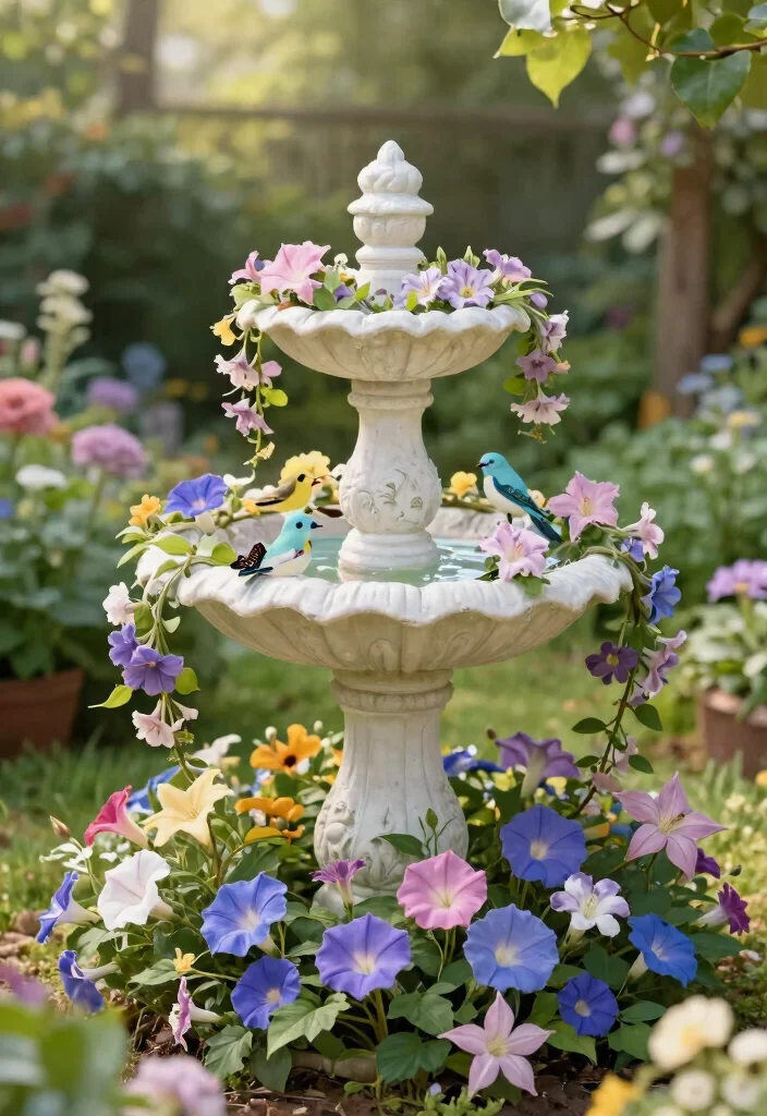 15 Vibrant Bird Bath Flower Garden Ideas So Colorful 9. Charming Fairy Tale Bird Bath with Flowering Vines 0
