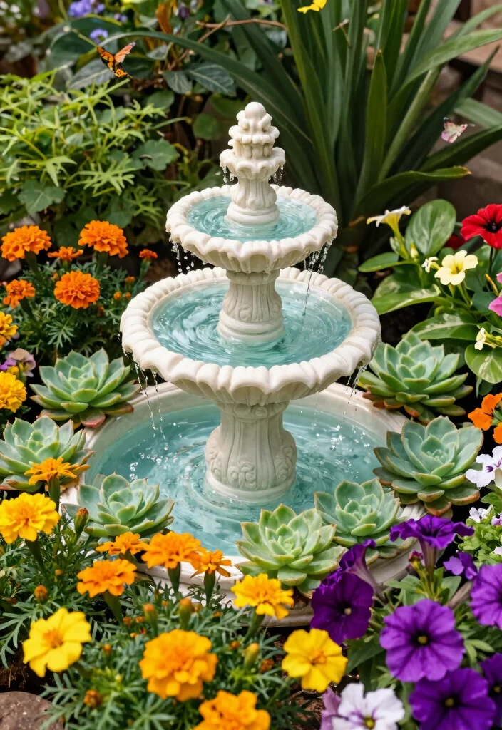 17 Stunning Flower Bed with Water Fountain Garden Ideas 1. Tranquil Miniature Oasis 0