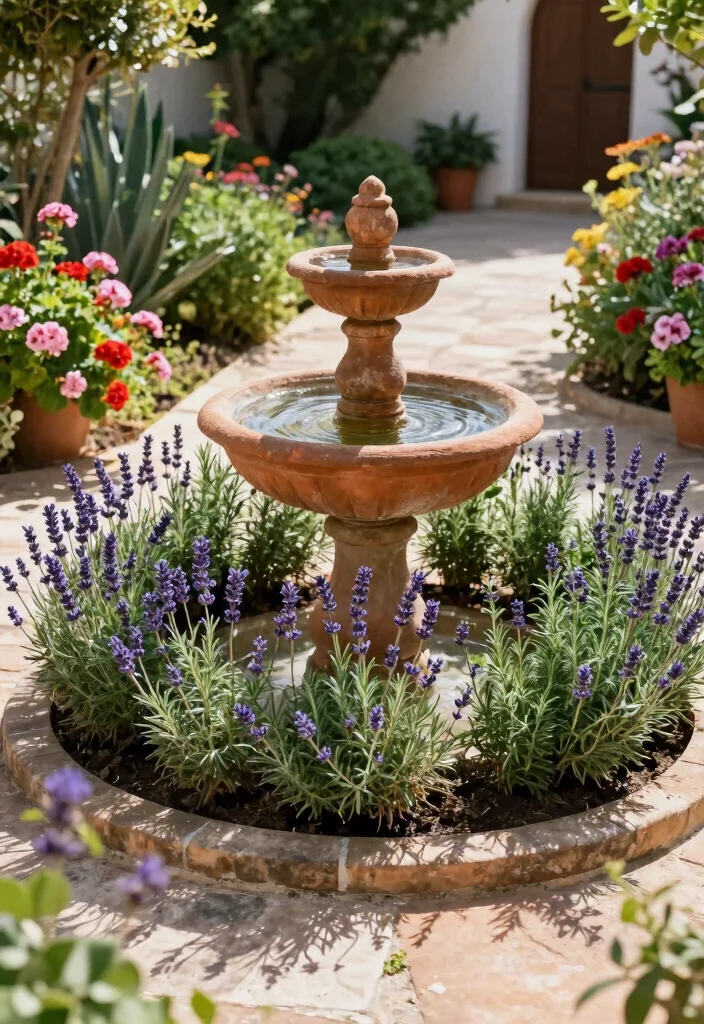 17 Stunning Flower Bed with Water Fountain Garden Ideas 10. Mediterranean Escape 0