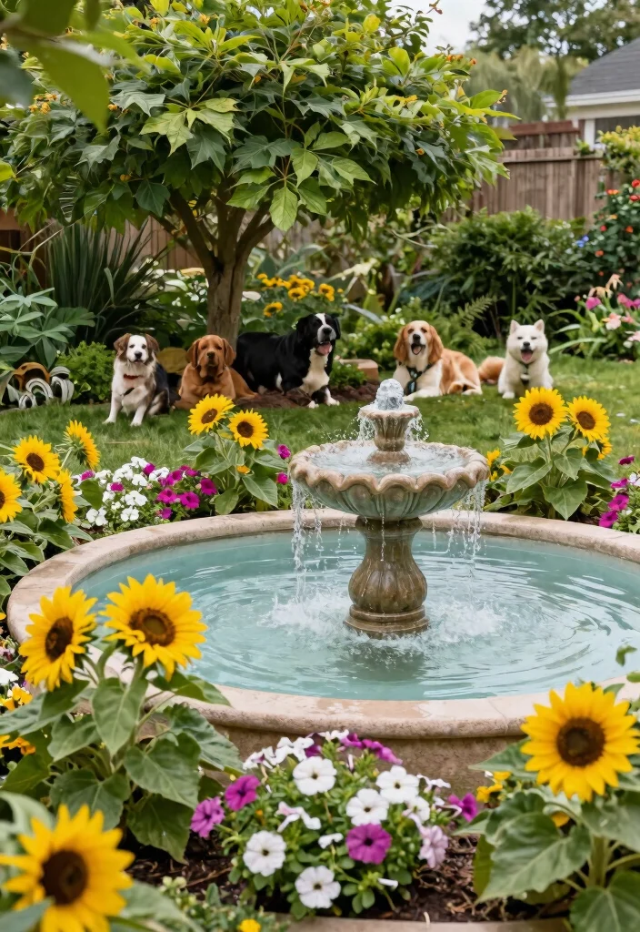 17 Stunning Flower Bed with Water Fountain Garden Ideas 12. Pet Friendly Paradise 0