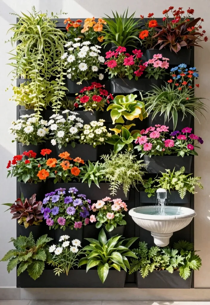 17 Stunning Flower Bed with Water Fountain Garden Ideas 13. Vertical Flower Bed with Fountain 0