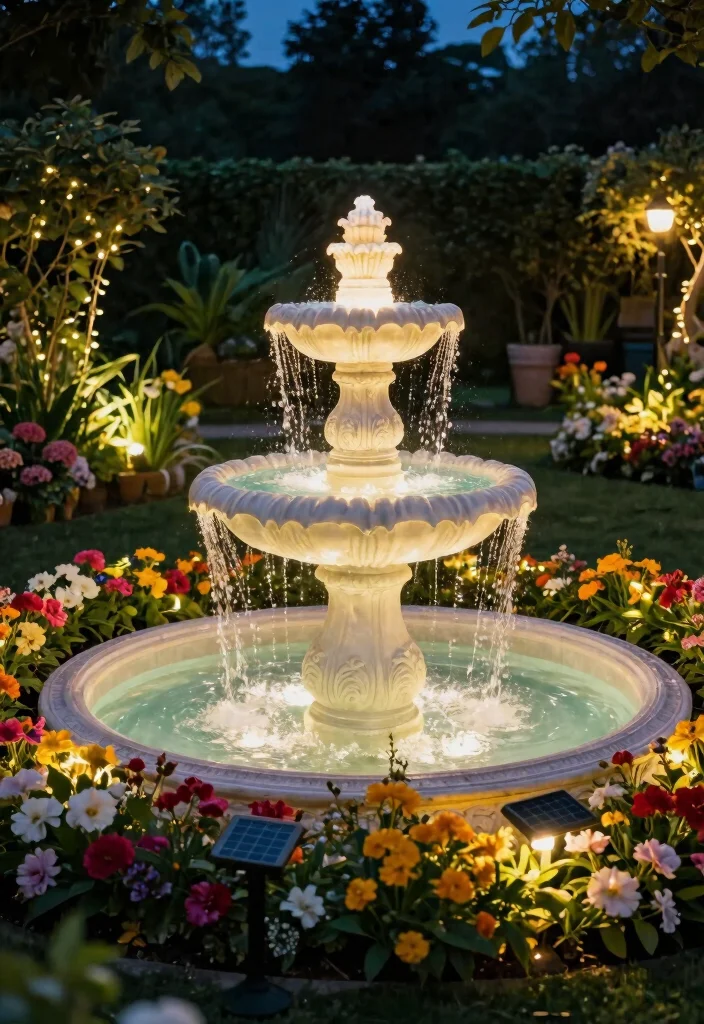 17 Stunning Flower Bed with Water Fountain Garden Ideas 14. Nighttime Illumination 0