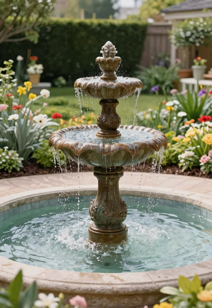 17 Stunning Flower Bed with Water Fountain Garden Ideas 16. Vintage Charm with Modern Touch 0
