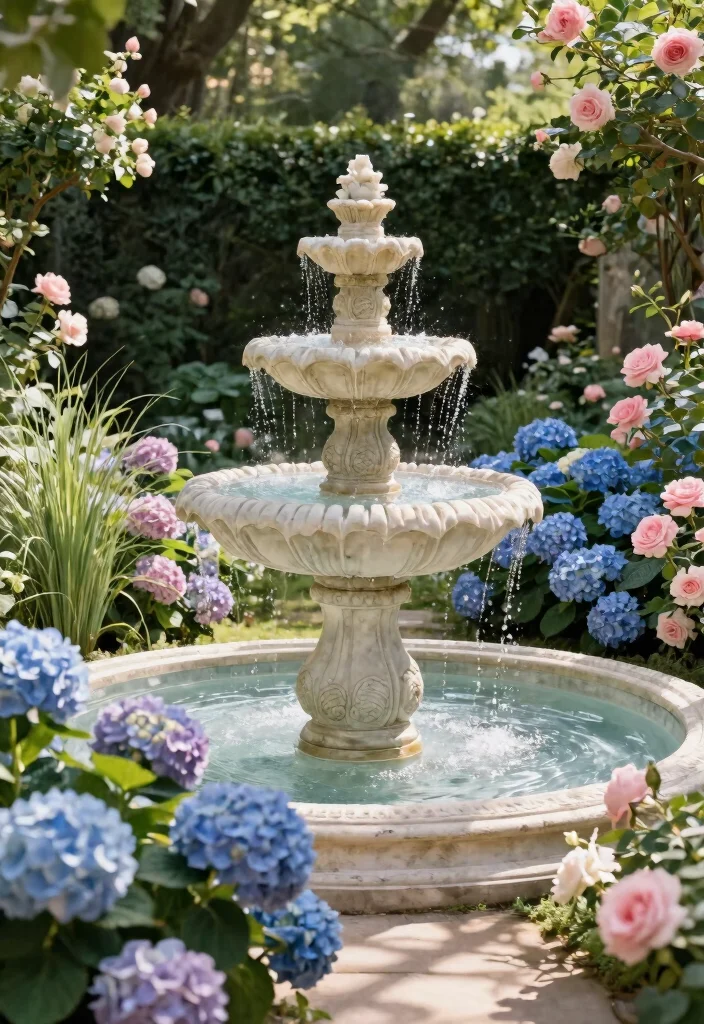 17 Stunning Flower Bed with Water Fountain Garden Ideas 2. Classic Stone Fountain Surprise 0