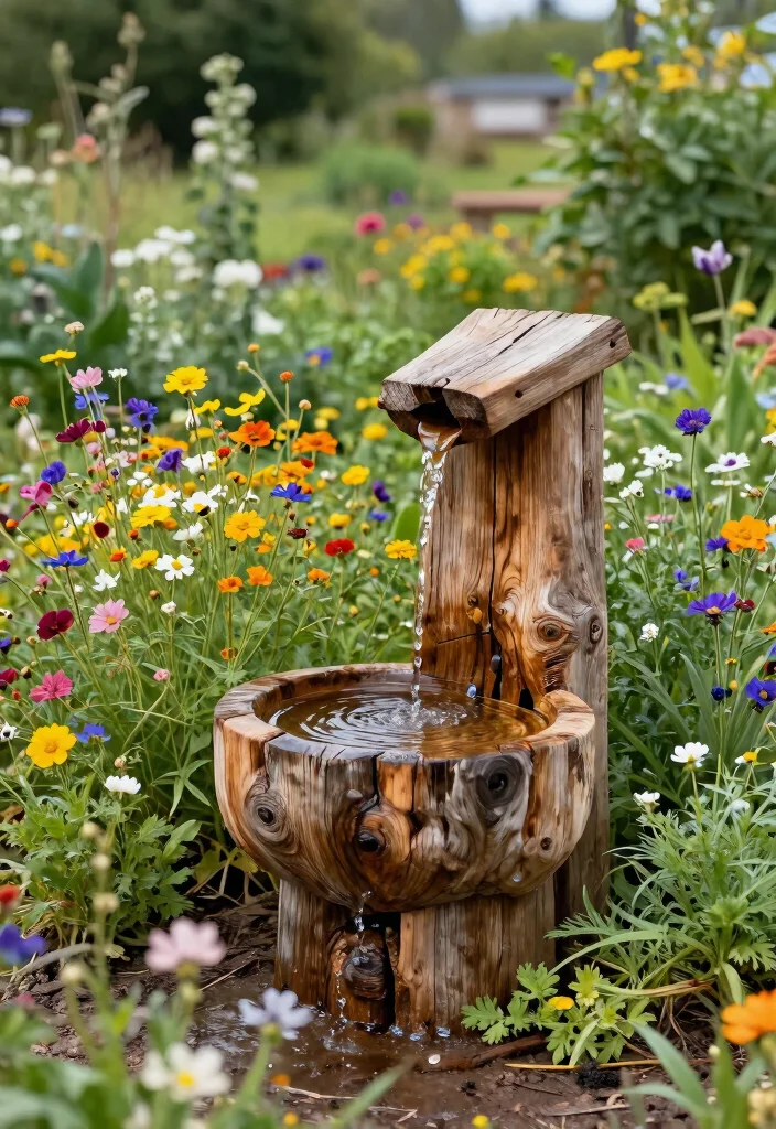 17 Stunning Flower Bed with Water Fountain Garden Ideas 4. Rustic Wooden Charm 0