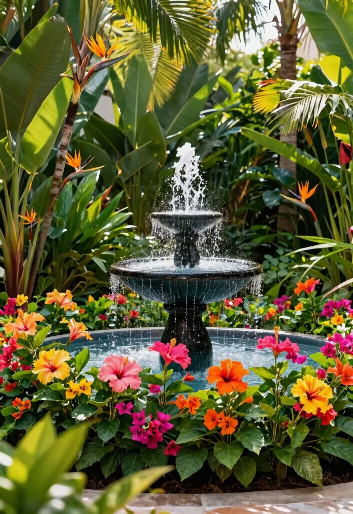 17 Stunning Flower Bed with Water Fountain Garden Ideas 5. Colorful Tropical Escape 0