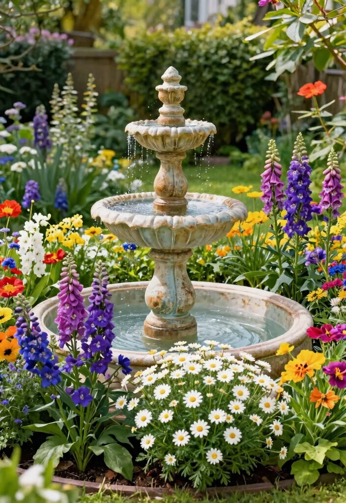 17 Stunning Flower Bed with Water Fountain Garden Ideas 8. Vibrant Cottage Garden 0