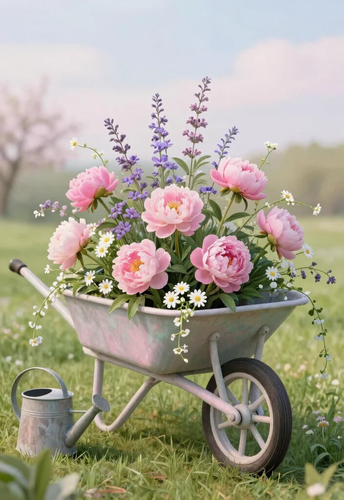17 Stunning Flowers in Wheelbarrow Ideas Spring Inspiration 1. Vintage Charm with Pastel Blooms 0