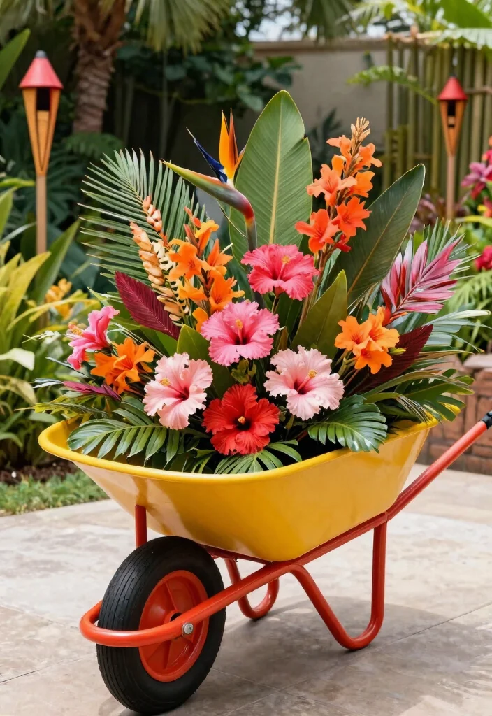 17 Stunning Flowers in Wheelbarrow Ideas Spring Inspiration 10. Tropical Vibes with Exotic Flowers 0