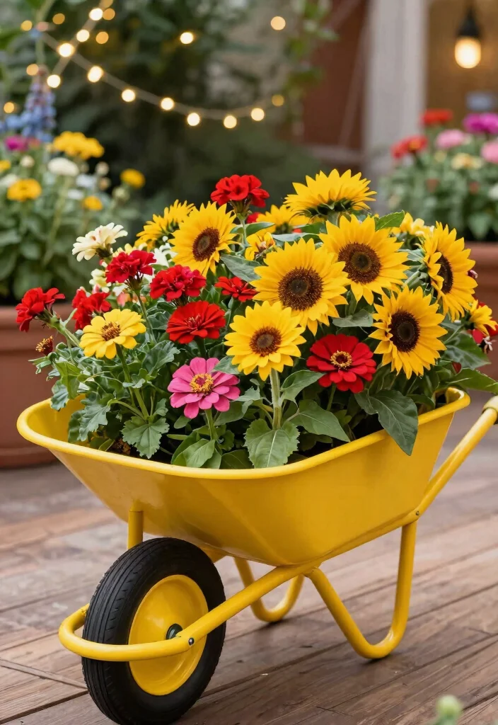 17 Stunning Flowers in Wheelbarrow Ideas Spring Inspiration 2. Color Explosion with Bold Flowers 0