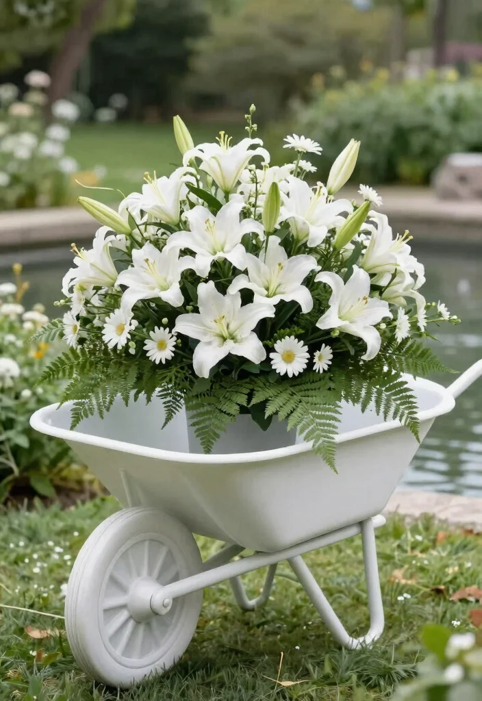 17 Stunning Flowers in Wheelbarrow Ideas Spring Inspiration 3. Elegant White and Green Theme 0