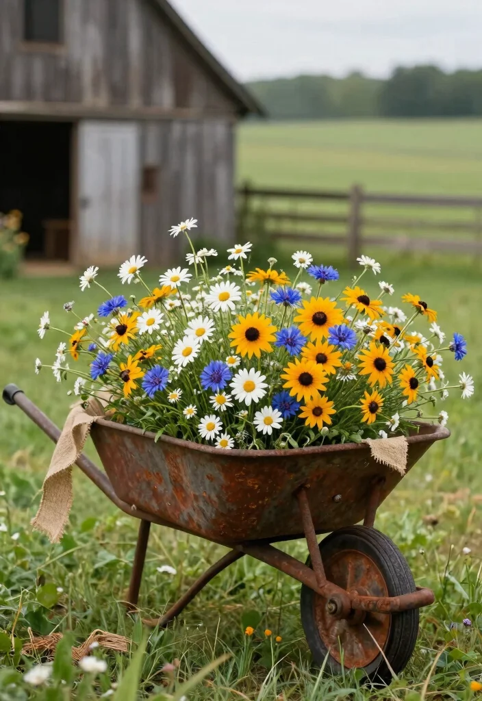 17 Stunning Flowers in Wheelbarrow Ideas Spring Inspiration 4. Rustic Farmhouse Style 0