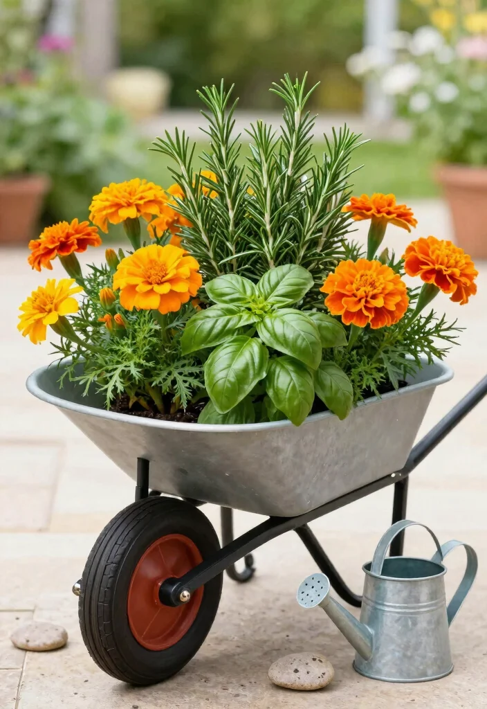 17 Stunning Flowers in Wheelbarrow Ideas Spring Inspiration 6. Herb and Flower Combo 0